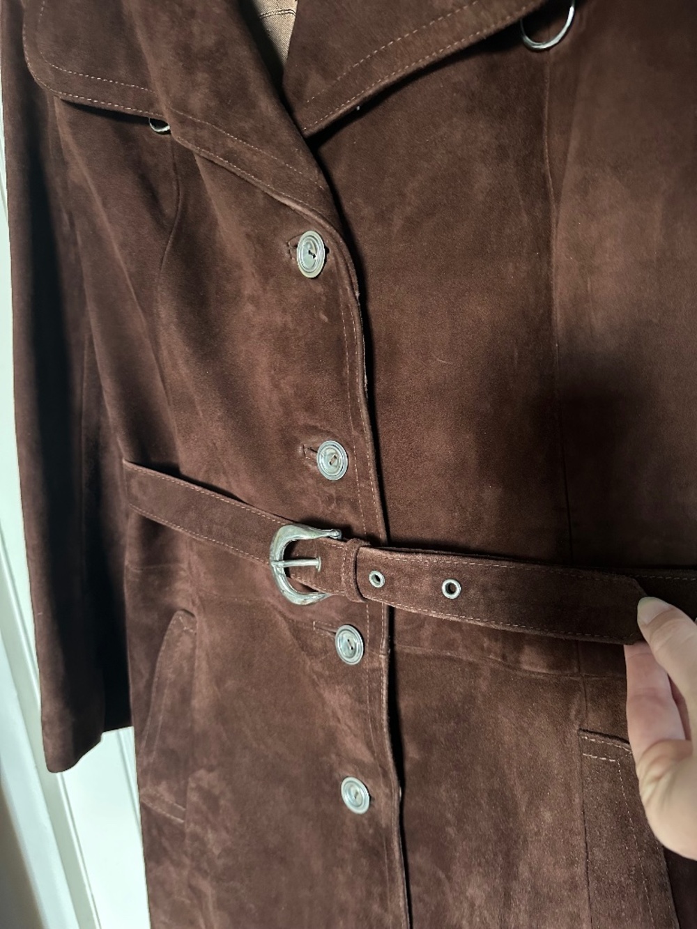Vintage Suede Leather Trench Coat Gucci Mob Wife Custom Made 1970s 1980s Germany